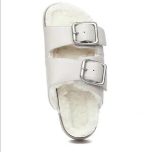 JSLIDES Slide Leather White Lynx Genuine Shearling Sandals Size 7M NWOT